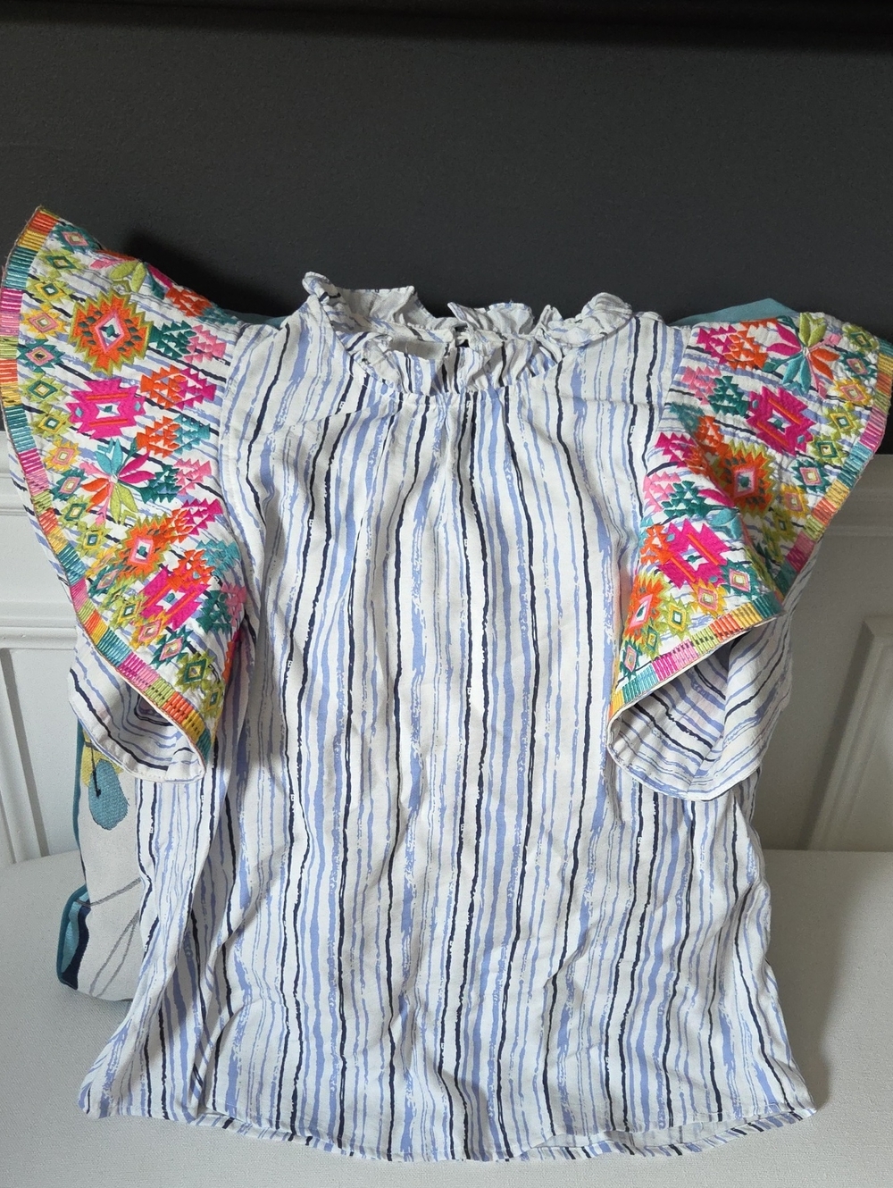 THML White & Blue Striped Top with Colorful Embroidered Flutter Sleeves Sz XS
